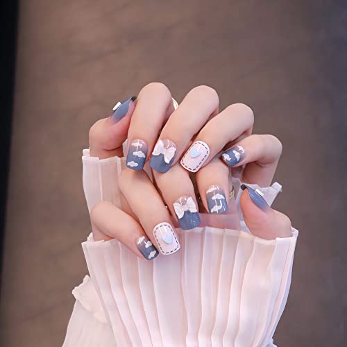 Sun&Beam Press On Fake Nails Short Round Oval Square False Acrylic Nail Tips For Women Girls With Creative Art Bling Decoration 3D Design 24pcs (#2-Sky)