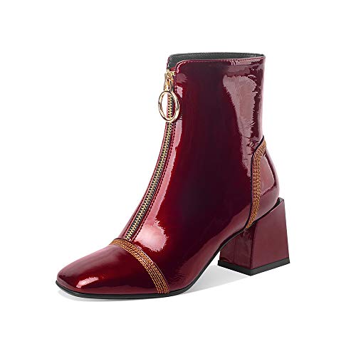 TinaCus Women's Patent Leather Square Toe Handmade Front Zipper Mid Chunky Heels Trendy Ankle Boots