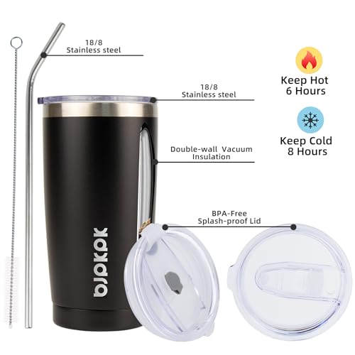 Image of BJPKPK 20 oz Coffee Tumbler with Lid & Straw, Insulated Stainless Steel Mug | Double Wall Vacuum, Keeps Hot /Cold, BPA Free, Leak Proof, Iced Coffee Cup Fit Car Holder, Travel & Beach, Black