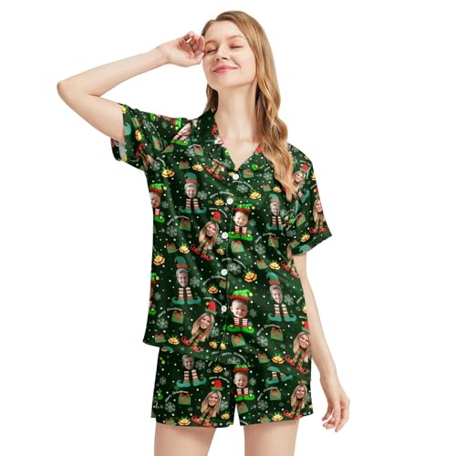 Image of Funny Satin Pajamas Set for Women Button Down Sleepwear Print Pjs Set 2 Piece Short Sleeve Loungewear Gift for Women