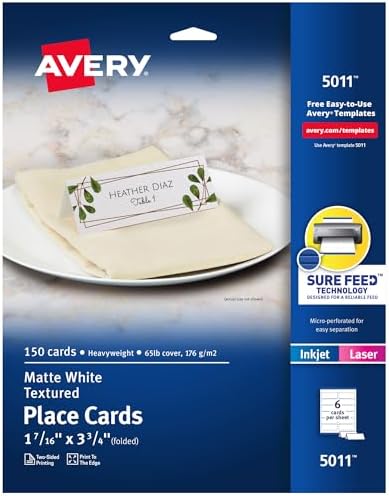 Avery Printable Place Cards with Sure Feed Technology, 1-7/16" x 3-3/4", Textured White, 150 Blank Place Cards for Laser or Inkjet Printers (05011)