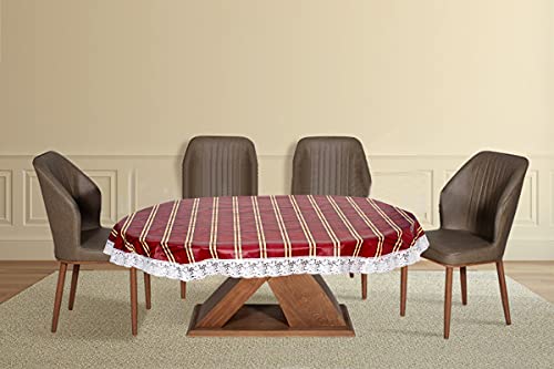 Image of The Furnishing Tree Waterproof PVC Oval Shaped 8 to 10 Seater Table Cover WxL 60x108 inches Plaid Pattern Red with White Border lace
