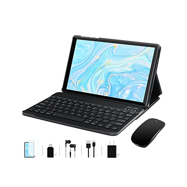FACETEL Tablet 10 inch Android Tablet with Keyboard 2 in 1 Tablet 4GB RAM 64GB ROM TF 128 GB, 8000mAh, FHD, Dual Camera, WiFi Bluetooth Tablet with Mouse, Black