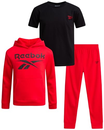 Reebok Boys Sweatsuit Set - 3 Piece Athletic Pullover Hoodies Sweatshirt Jogger Sweatpants & T-Shirt for Boys (8-14)