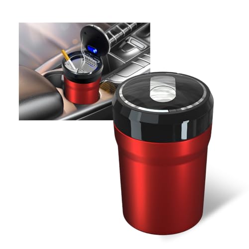 YTFRL Car Ashtray with Lid, Smell Proof Smokeless Cup Holder Ash Tray with LED Light, Detachable Stainless Steel Ashtray Portable Butt Bucket for Vehicle Home Office, Car Accessories (Red, Large)