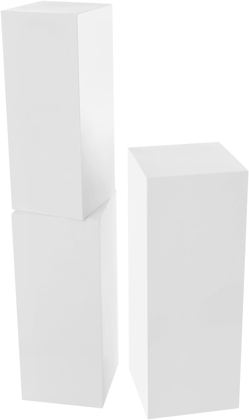 3 PCS Display Pedestal Stand, Metal Display Pedestal Stands Decoration Cube Sculpture Displays Column Square Displays Stands Pillars for Wedding Party Baby Shower Birthday (White, 3PCS)