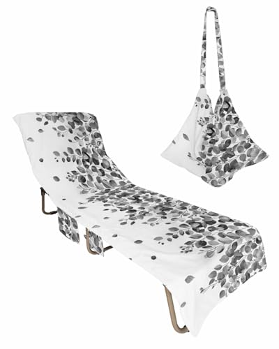 Eucalyptus Black Beach Chair Towel Covers for Chaise Lounge with Side Pocket, Soft Plush Pool Towels Cover for Patio Sunbathing Outdoor Watercolor Spring Botanical Leaves White 29''x85''