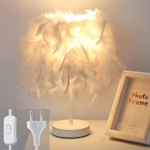 iDEGU Lampe de Table avec Ø 20cm Abat-jour en Plume Luminaire E27 Lampe de Chevet avec Interrupteur et Prise EU Moderne Éclairage de Bureau pour Chambre...