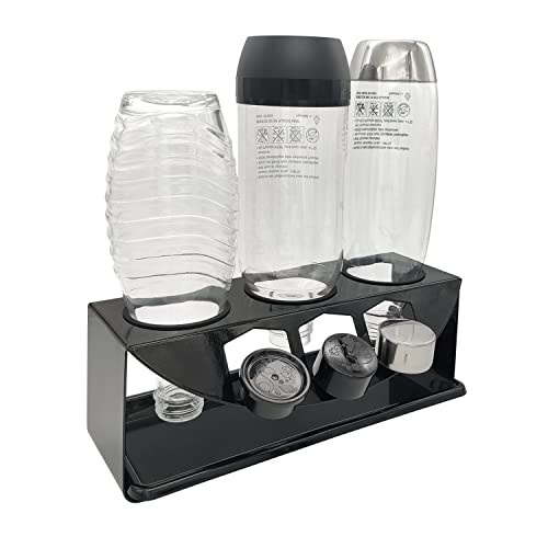 Flaschenhalter für Soda Stream Flaschen, 3er Abtropfhalter Edelstahl mit Herausnehmbare Abtropfwanne und Deckelhalter, Abtropfständer Kompatibel Mit Crystal Emil Flaschen, Schwarz Cover