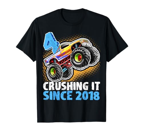 4 Aplastándolo desde 2018 Monster Truck 4th Birthday Boys Camiseta