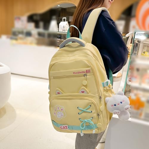 Kawaii Backpack with Cute Accessories Nylon Casual Bookbags with Pendants Lightweight Laptop Bag Travel Daypacks (Yellow)3