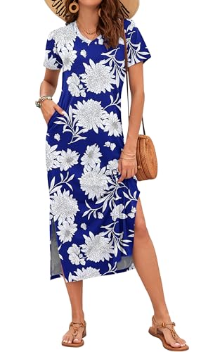 Image of MISFAY Womens Maxi Dress Short Sleeve V Neck Loose with Pockets | Soft stretchy breathable, v neck loose fit, side split hem, two side pockets, casual daily beach vacation travel dress