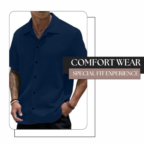 Image of COMBRAIDED Men's Slim Fit Half Sleeve Polycotton Casual Shirt - Solid Pattern, Hip Length