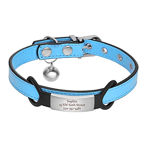 Jiquan Leather Cat Collars,Personalized Cat Collars,Custom Kitten Collars with Engarved Name Plate,Engraved Pet Name and Phone,Safety Cat Collar with Bell,Up to 3 Lines of Custom Text(XS Blue)