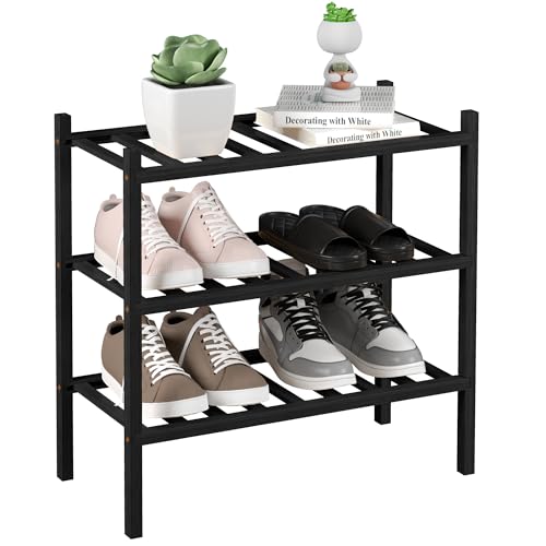3-Tier Bamboo Small Shoe Rack, Free Standing Wood Shoe Shelf Storage Organizer for Closet Entryway Stackable (Black)