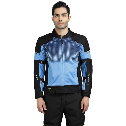 Image of ROYAL ENFIELD HIGH STREET ECO RIDING JACKET|CE level 2 armours at Shoulders & Elbows CE level 2 armour at back, XY CE level 1 armour at Chest|Super soft Neoprene fabric at collar |BLUE XL