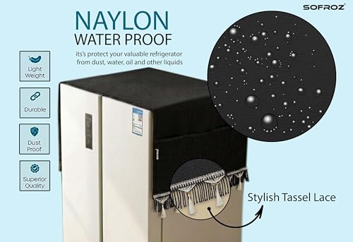 Image of Refrigerator Double Door Waterproof, Dustproof, Protective Cover for Fridges with Extra Storage Space Nylon Top Cover with 6 Storage Pockets (170 x 65 cm) (Black Lace)
