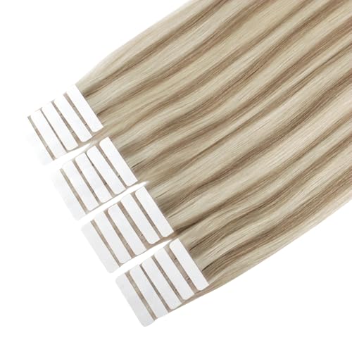 Image of Sixstarhair Seamless Tape In Hair Extensions Remy Human Hair Highlight Hair Extensions Color Swedish Blonde and Ash Blonde Piano Color For Beautiful Girl 50g /20 Pieces Pack [Color 20 /60 22inch]