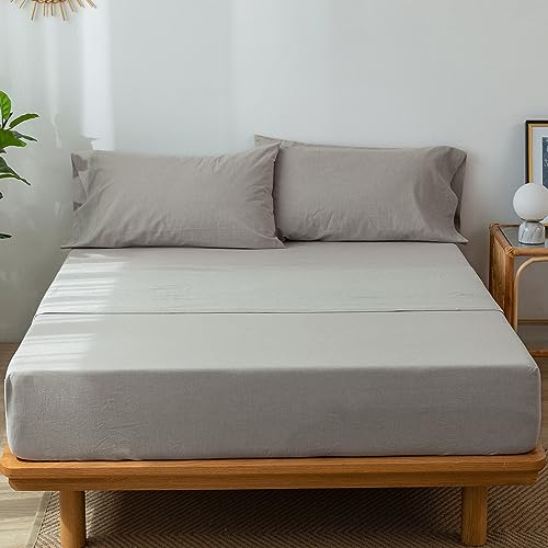 MooMee-Bedding-Sheet-Set-100-Washed-Cotton-Linen-Like-Textured-Breathable-Durable-Soft-Comfy-Cream-Grey-Queen
