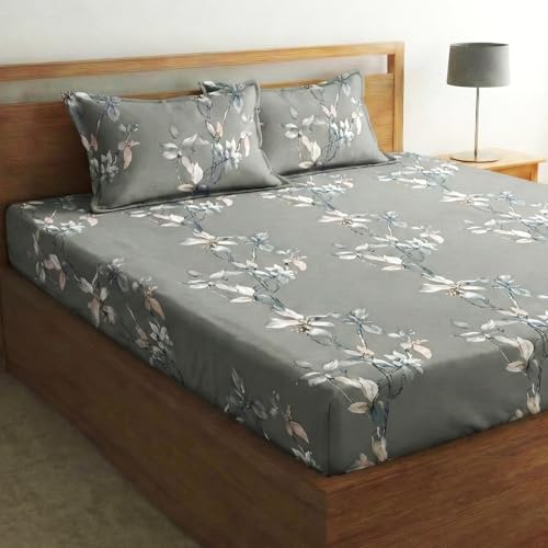 Image of Home Sizzler 210 TC Microfibre Dusty Grey Floral Double Fitted Bedsheet (72X78 inch) with 2 King Size Pillow Covers