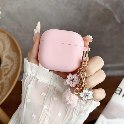 GARTOO Cute Pink Case for Airpods 4 Cover for Girl Women with Pom pom Flower Keychain & Cleaner Kit, Soft Silicone Airpods iPod 4 Gen Protective Cover Skin for Airpod 4 Pink