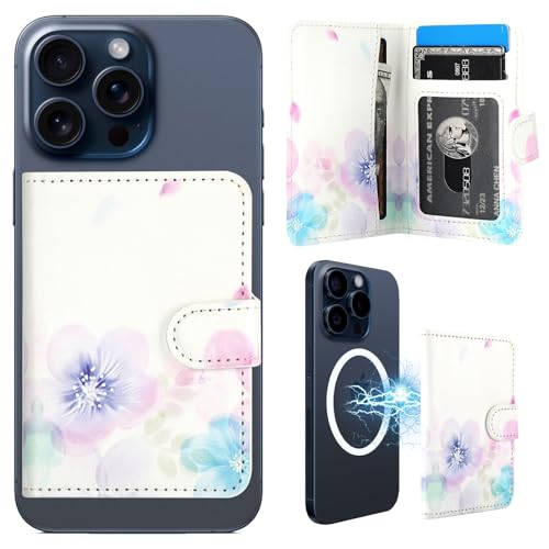 Image of HAOPINSH for MagSafe Wallet Magnetic Wallet Card Holder, Pale Flower Pattern Detachable Adjustable Flip Leather iPhone Kickstand Mag Safe Card Slots for iPhone 16 /15 /14 /13 /12 Series