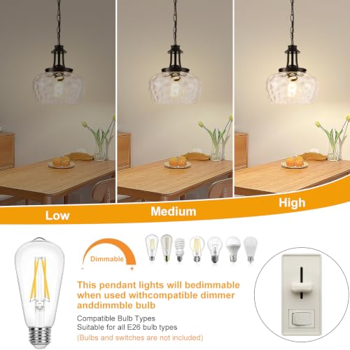 Image of Plug in Pendant Lights Kitchen Island, Modern Matte Black Pendant Light Fixtures with 10 inch Clear Hammered Glass Shade, Industrial Hanging Pendant Lights Fixture for Kitchen Island Dining Room Entryway