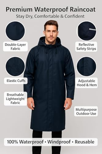 Image of Nephar Classic Men's Waterproof Overcoat with Hood - Wind & Rain Resistant Long Black Raincoat for Bike, Travel & Outdoor (Multisize)