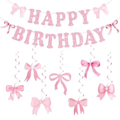 Pink Birthday Party Decorations Set with Pre-Strung Happy Birthday Banner Bow Banner Hanging Swirls for Women Party Backdrop