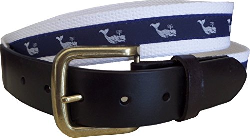 Men's White Whale and Navy Leather Belt, Leather Tab and Buckle, White Whale on Navy Ribbon Nautical Leather Belt