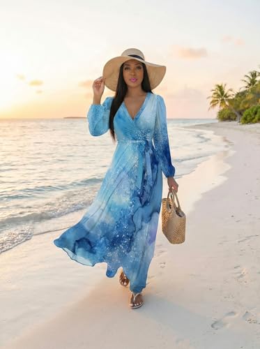Image of SUZONANA Plus Size Dresses for Women Floral Print Maxi Dress Flowy 3 /4 Sleeve with Belt