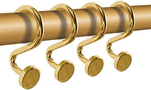 Estmy Modern Gold Decorative Shower Curtain Hooks Rings Set of 12, Luxury Heavy Duty 6.0mm Metal Rust Proof Polished Brass Shower Hooks for Bathroom Shower Rods Curtains Accessories