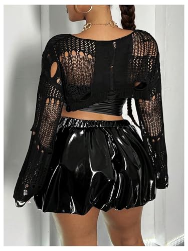 Women's Plus Size Hollow Out Crochet Tops Ripped Crop Sweater Pullover2