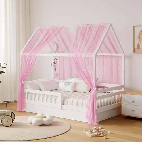 GFCC Ciel de Lit Cabane pour Maison Lot de 2 Pièces Décoration Voile Lit Cabane Rose pour Chambre d'enfant,Rideau Voilage 150x350cm pour Fille Garçon