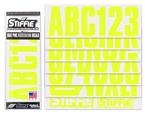Image of STIFFIE Uniline Day Glow Yellow 3 inch Boat & PWC Registration Decals • Numbers Letters Stickers