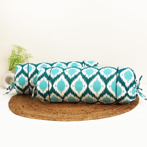 Image of AURAVE Cotton 144 TC Printed Bolster Cover with Drawstring Closure, Set of 2, Soft Breathable Durable Machine Washable for Sofa Bed & Home Decor, 15 inchx30 inch, Aqua | Cover Only