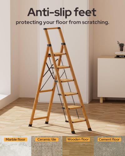 Image of 6 Step Ladder for 12ft High Ceiling, Lightweight Aluminum Folding Step Stool with Convenient Handgrip, Stepladders with Anti-Slip and Wide Pedal for Home and Kitchen Use - Woodgrain (300 lbs)