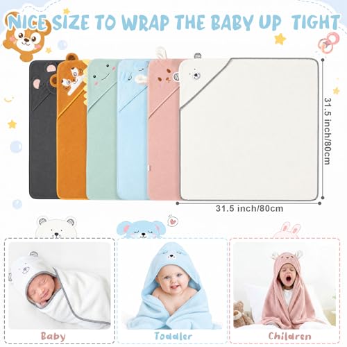 Image of SmoothNovelty 6 Pack Baby Hooded Towels Infants and Toddlers Coral Fleece Baby Bath Towels 31.5 x 31.5 Inch Absorbent Cute Soft Newborn Bath Essentials Gifts for Boys & Girls (Multicolor,Cozy)