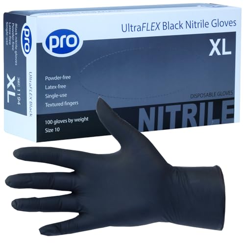 PRO UltraFLEX Black Disposable Gloves - Black Nitrile Gloves Disposable Extra Large - 100x Pack - Powder-Free - Latex Free - Ideal Nail Tech Supplies Tattoo Supplies - Food Safe