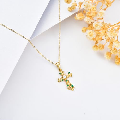 14K Gold Cross Pendant Necklace for Women Flower/Vine Cross Necklace Religious Cross Pendant Necklace Best Gifts for Mom/Wife/Love2