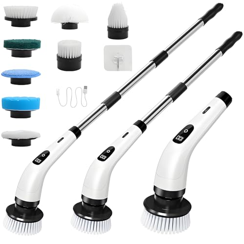 Hqynss Electric Spin Scrubber, Cordless Scrubbing Brush with 8 Brush Heads, Adjustable Handle, Rechargeable Cleaning Brush, USB-C Charging, for Floor, Tile, Bathroom, Kitchen, Shower Tub