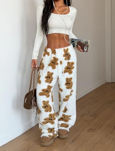 Image of ZAFUL Women's Fuzzy Plush Pajama Pants Wide Leg Pj Bottoms Lounge Pants