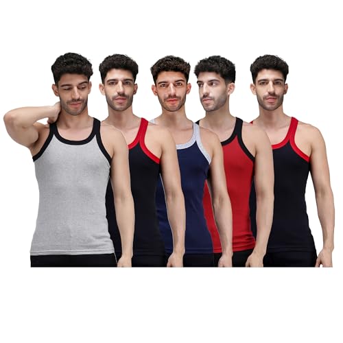 Image of Amul Comfy Men's Vest | 100% Pure Cotton Rib Fabric | U Neck Sleeveless Innerwear | Ultra Soft Hand Feel | Extremely Stretch Fit | Seamless Comfortable | Color May Vary (Pack of 5)