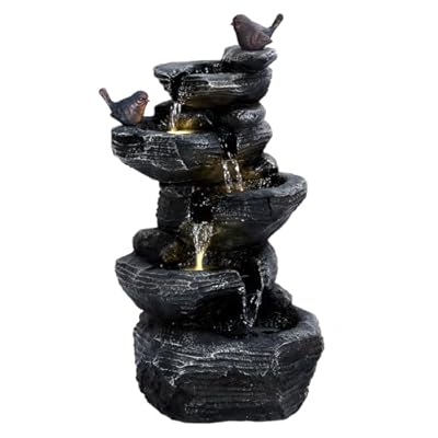 HEVIRGO 5-Tier Cascading Rock Water Fountain Outdoor Garden Waterfall with LED Lights,Resin Material,and Built-in Pump for Outdoor Decoration,Natural Stone Look for Garden,Porch and Home Art Decor Wa