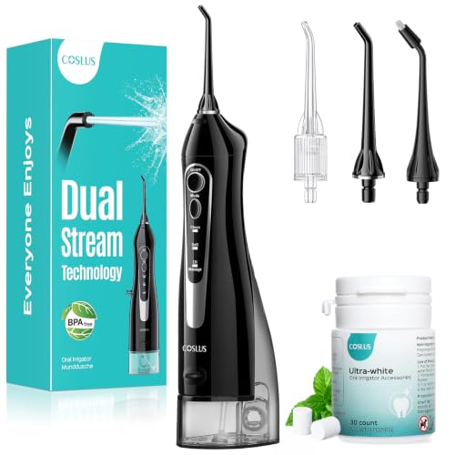 Image of COSLUS ADA Accepted C20 Water Dental Flosser Teeth Pick, 300ML Larger Tank | Portable Rechargeable Oral Irrigator for Orthodontic & Sensitive Gums, Cordless for Travel, Family, Whitening Set, Black