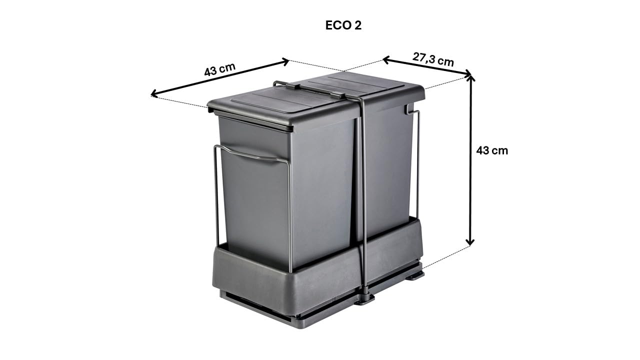 Aspira Home Müllomatic ECO 2 | Einbaumülleimer Küche ausziehbar, Mülltrennsystem für Unterschrank mit automatischem Auszug beim Türöffnen, 2 x 14 L Inneneimer, Kunststoff grau, Schienensystem