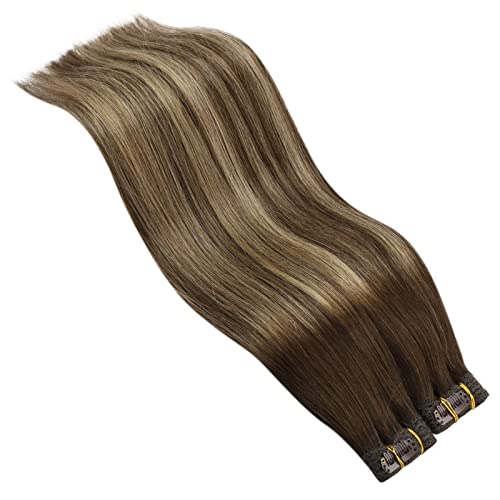 Clip in Hair Extensions Balayage 22 inch Hair Extensions Clip in Human Hair Balayage Dark Brown Mix Caramel Blonde Clip in Hair Extensions One Piece 70g