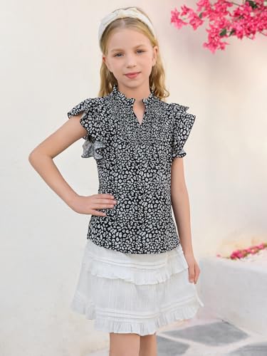 Image of Haloumoning Girls Ruffle Short Sleeve Floral Chiffon Blouses Kids Summer Shirts Tops 5-14 Years