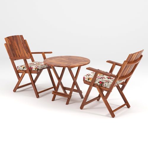Image of Sheesham Wooden Portable Foldable 2 Seater Chair with Table Set Outdoor Balcony Garden Coffee Table Set Furniture with 1 Table and 2 Chairs Set (Honey Finish)