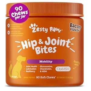 Zesty Paws Hip and Joint for Dogs, Glucosamine for Dogs Hip and Joint Supplement with Chondroitin, MSM, Vitamins C & E – Bacon, 90 Count